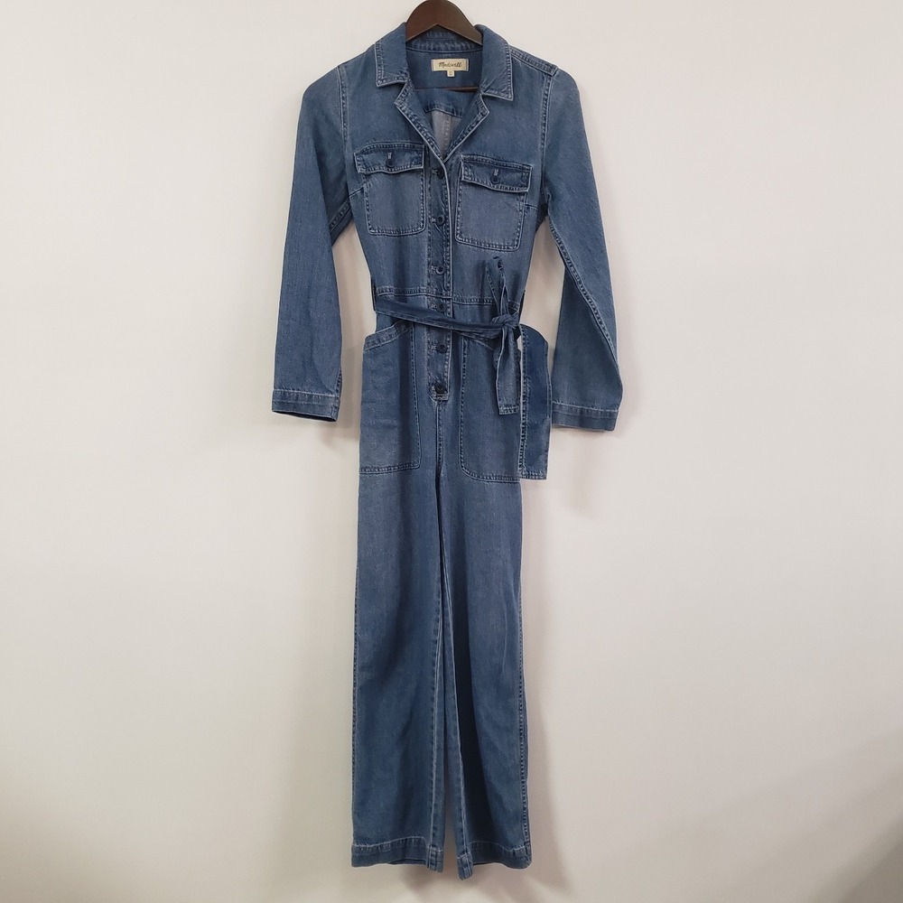 Madewell Womens Tie Waist Button Front Denim Jumpsuit Size XS Blue Wide Leg